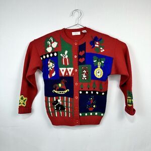 Lauren Grey Hand Knitted Wool Red Green Tacky Christmas Sweater Button Medium